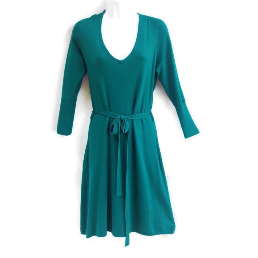 Vertigo Paris Midi Dress Knit Plunging V Neck Emerald Green Gathered Shoulders L